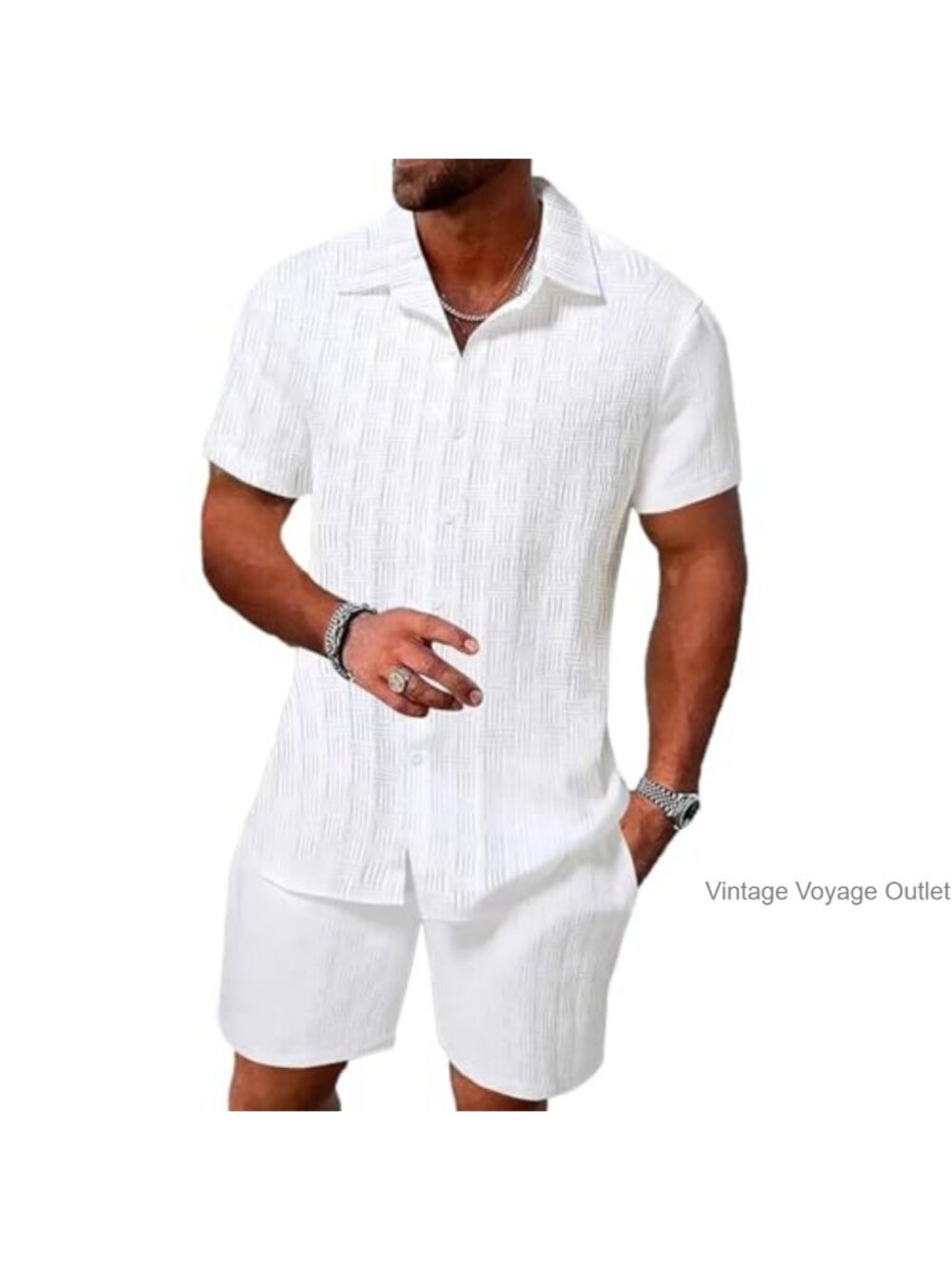 Men's 2 Piece Summer Vacation Outfit with Textured Shirt & Shorts